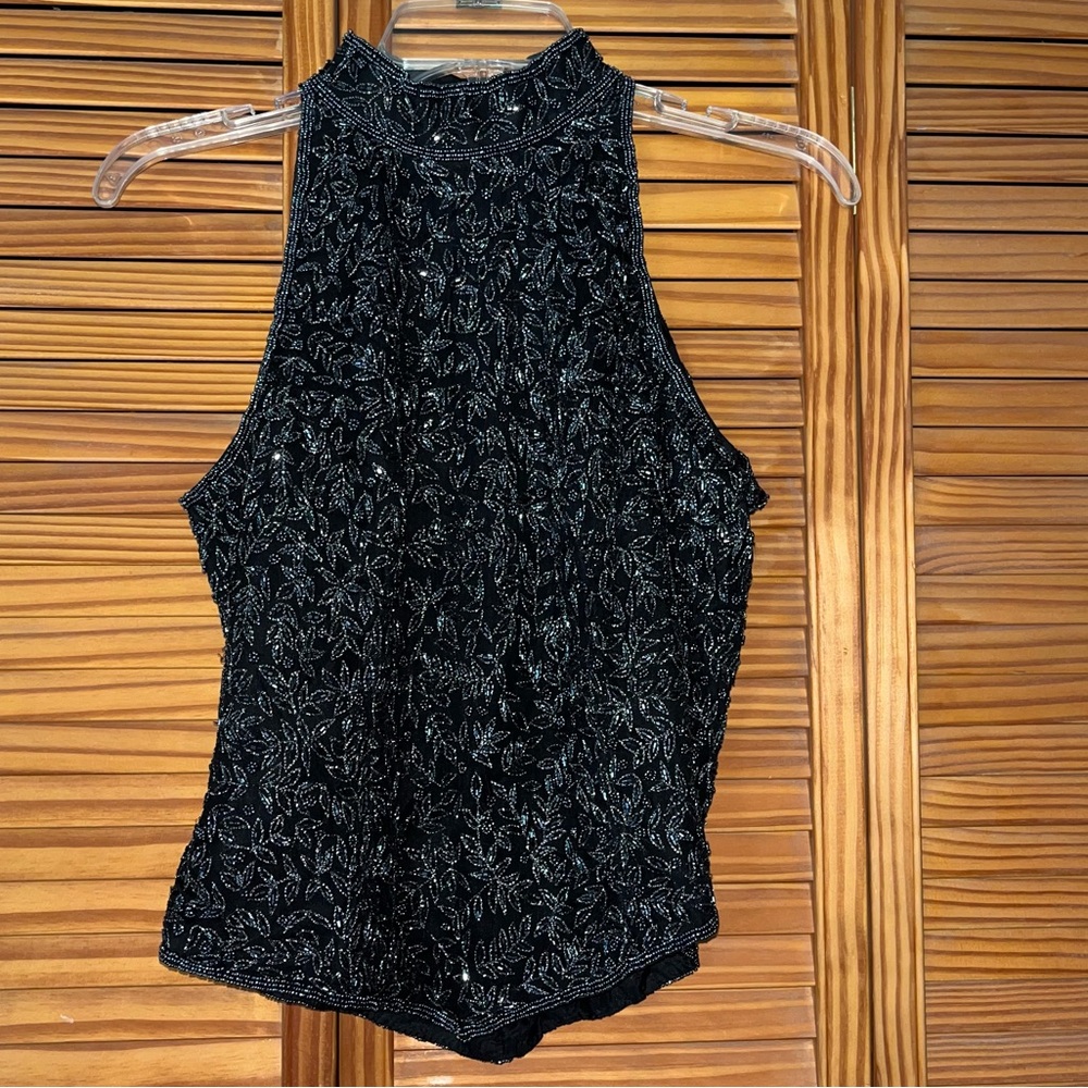 Papell Boutique Evening Black Beaded Sleeveless Silk Halter Top Medium Petite